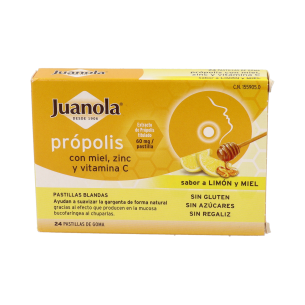JUANOLA PROPOLIS MIEL ZINC Y VITAMINA C  24 PASTILLAS DE GOMA SABOR LIMON MIEL