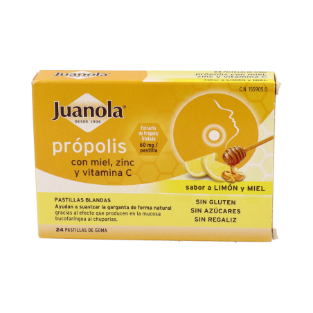 JUANOLA PROPOLIS MIEL ZINC Y VITAMINA C  24 PASTILLAS DE GOMA SABOR LIMON MIEL